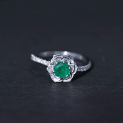 Genuine Emerald Flower Engagement Ring with Diamond