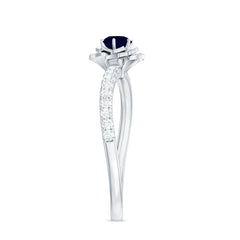Blue Sapphire Flower Engagement Ring with Diamond