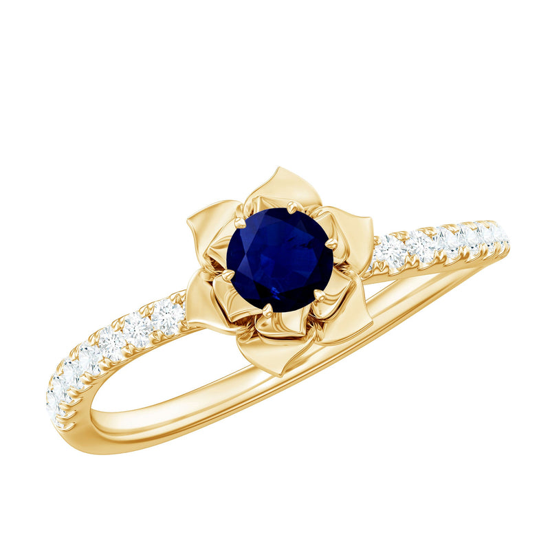 Blue Sapphire Flower Engagement Ring with Diamond