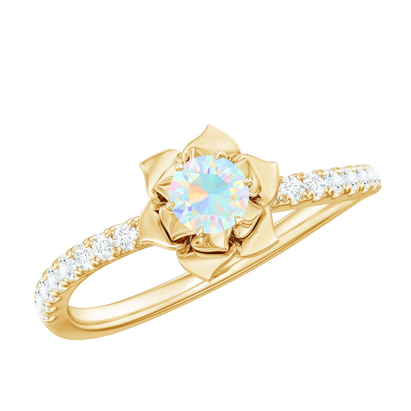 Natural Ethiopian Opal Floral Engagement Ring with Diamond Side Stones