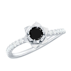 Certified Real Black Spinel Flower Engagement Ring with Diamond