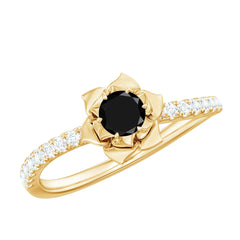 Certified Real Black Spinel Flower Engagement Ring with Diamond