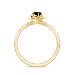 Certified Real Black Spinel Flower Engagement Ring with Diamond