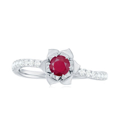 Natural 0.6 Carat Ruby Flower Engagement Ring with Diamond