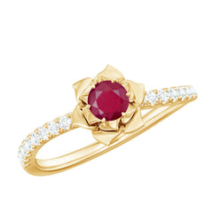 Natural 0.6 Carat Ruby Flower Engagement Ring with Diamond