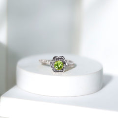 Nature Inspired Half Carat Peridot Flower Engagement Ring with Diamond