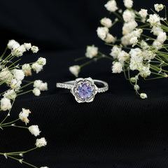 Genuine Tanzanite Rose Flower Engagement Ring with Diamond Curved Shank