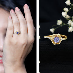Genuine Tanzanite Rose Flower Engagement Ring with Diamond Curved Shank