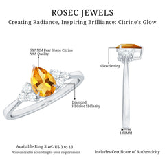 Classic Citrine Teardrop Engagement Ring with Diamond Trio