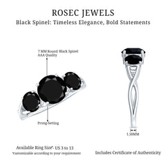 Natural Black Spinel 3 Stone Engagement Ring for Women