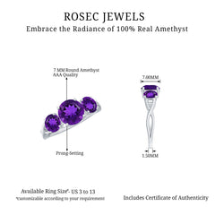 Round Amethyst Three Stone Crossover Ring