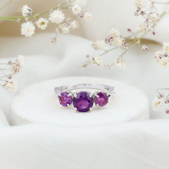 Round Amethyst Three Stone Crossover Ring