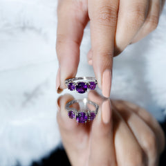 Round Amethyst Three Stone Crossover Ring