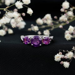 Round Amethyst Three Stone Crossover Ring