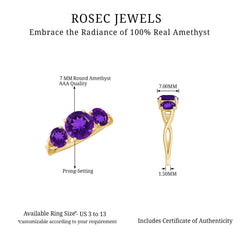 Round Amethyst Three Stone Crossover Ring