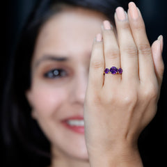 Round Amethyst Three Stone Crossover Ring