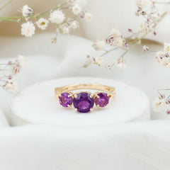 Round Amethyst Three Stone Crossover Ring