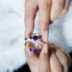 Round Amethyst Three Stone Crossover Ring