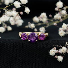 Round Amethyst Three Stone Crossover Ring