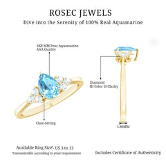 1 Carat Aquamarine Pear Engagement Ring with Diamond Trio