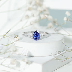 6X8 MM lab Blue Sapphire Teardrop Engagement Ring with Diamond Trio