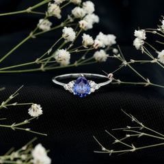 6X8 MM lab Blue Sapphire Teardrop Engagement Ring with Diamond Trio