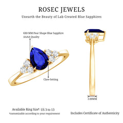 6X8 MM lab Blue Sapphire Teardrop Engagement Ring with Diamond Trio