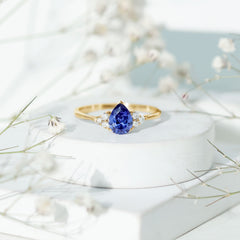 6X8 MM lab Blue Sapphire Teardrop Engagement Ring with Diamond Trio