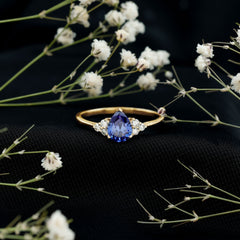 6X8 MM lab Blue Sapphire Teardrop Engagement Ring with Diamond Trio