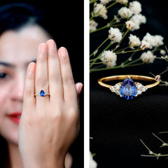 6X8 MM lab Blue Sapphire Teardrop Engagement Ring with Diamond Trio