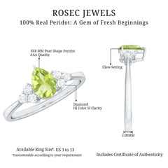 1 Carat Peridot Teardrop Engagement Ring with Diamond Trio