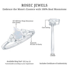 Pear Shape Moonstone Solitaire Ring with Diamond Trio