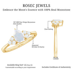 Pear Shape Moonstone Solitaire Ring with Diamond Trio