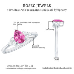 3/4 CT Natural Pink Tourmaline Teardrop Solitaire Ring with Diamond Trio