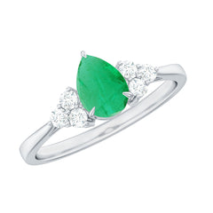 5X7mm AAA Quality Pear Shape Emerald Solitaire Engagement Ring with Diamond Trio