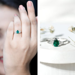 5X7mm AAA Quality Pear Shape Emerald Solitaire Engagement Ring with Diamond Trio