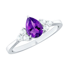 Pear Amethyst Solitaire Ring with Diamond Trio