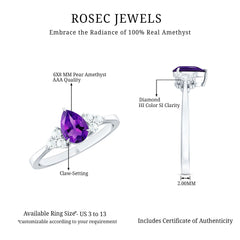 Pear Amethyst Solitaire Ring with Diamond Trio