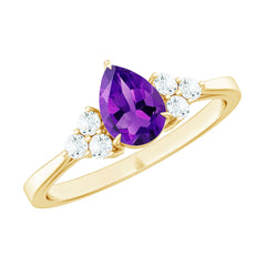 Pear Amethyst Solitaire Ring with Diamond Trio