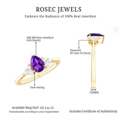 Pear Amethyst Solitaire Ring with Diamond Trio