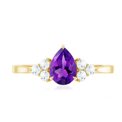 Pear Amethyst Solitaire Ring with Diamond Trio