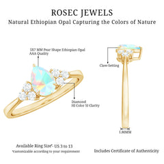 Certified Real Opalescent Pear Shaped Engagement Ring with Diamond Trio