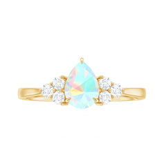 Certified Real Opalescent Pear Shaped Engagement Ring with Diamond Trio