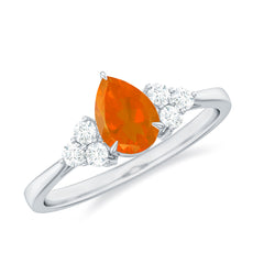 0.6 Carat Pear Shaped Fire Opal Engagement Ring with Diamond Trio