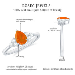 0.6 Carat Pear Shaped Fire Opal Engagement Ring with Diamond Trio