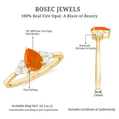 0.6 Carat Pear Shaped Fire Opal Engagement Ring with Diamond Trio