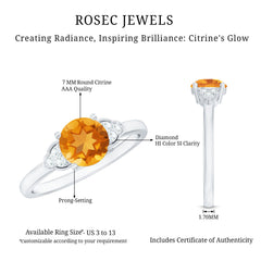 Natural 7mm Citrine Engagement Ring with Diamond Trio