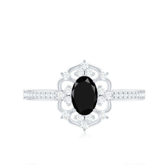Vintage Looking Black Spinel Oval Engagement Ring with Diamond