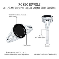Oval Created Black Diamond Engagement Ring with Diamond Split Shank