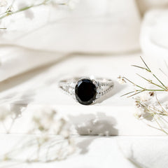 Oval Created Black Diamond Engagement Ring with Diamond Split Shank